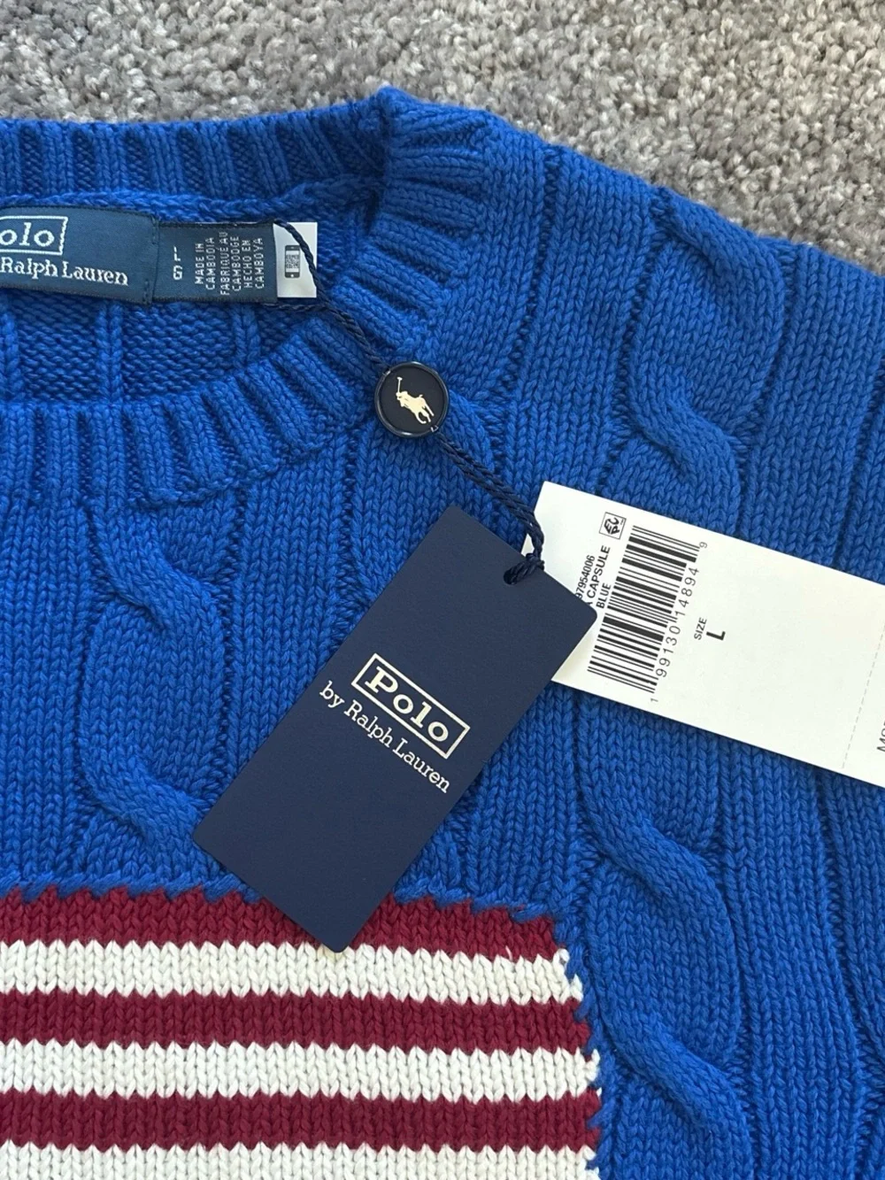 NWT Polo Ralph Lauren Blue Cable-Knit American Flag Cropped Sweater L - Picture 2 of 4
